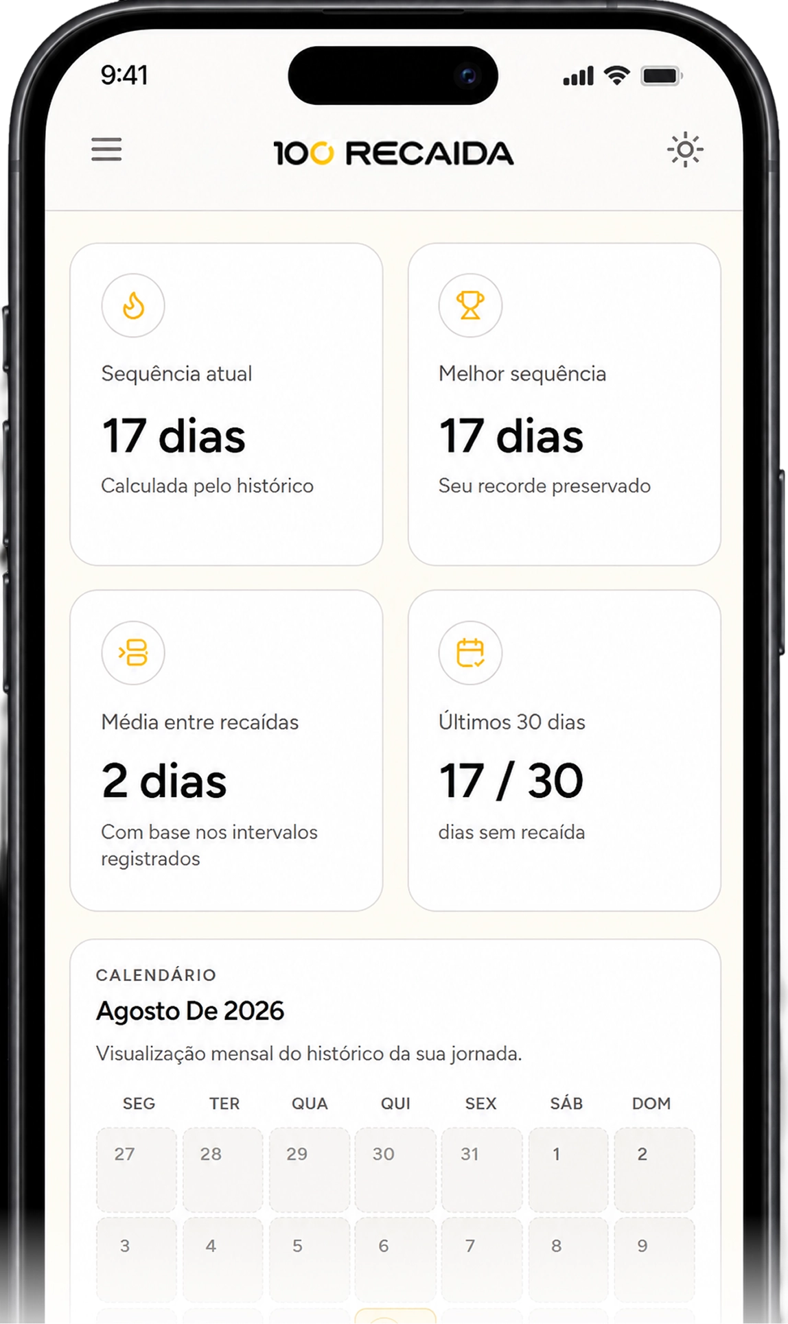 Pr&eacute;via do painel de progresso do 100 Reca&iacute;da em um celular